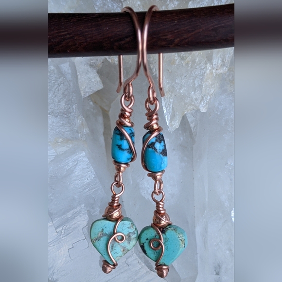 Authentic Turquoise Heart Earrings Copper Wire Wrap Dangle Drop - Picture 8 of 9